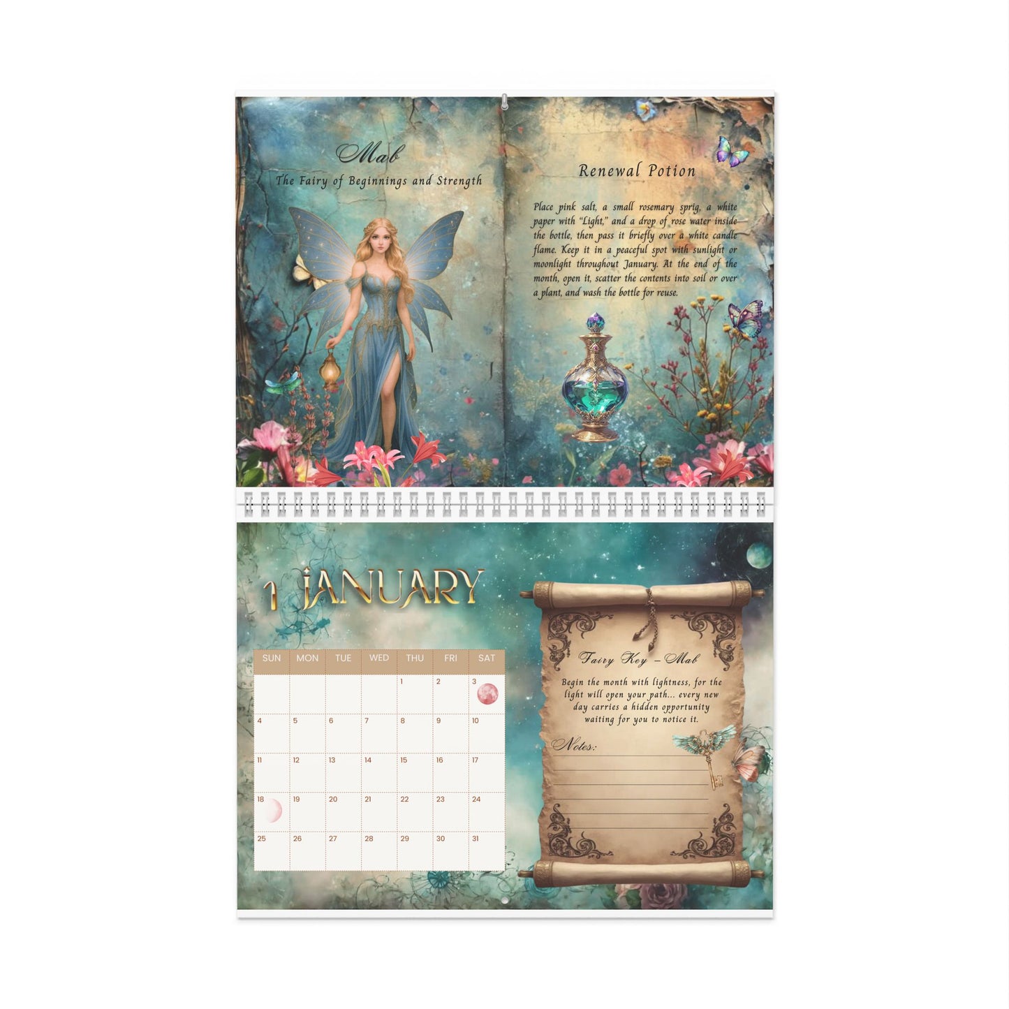 Mystical Fairy Realm Wall Calendar – Potions, Keys & Moon Phases