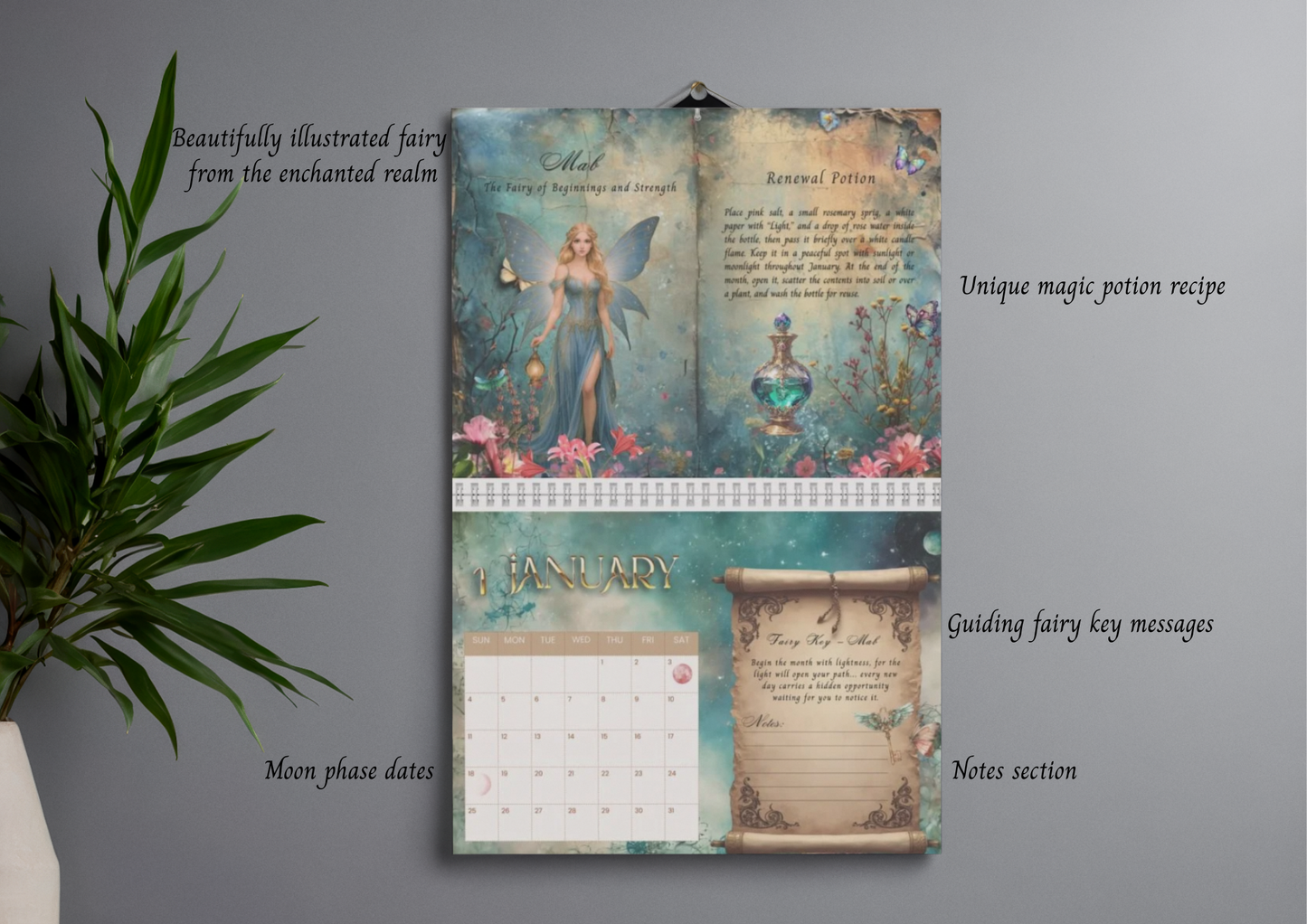 Mystical Fairy Realm Wall Calendar – Potions, Keys & Moon Phases